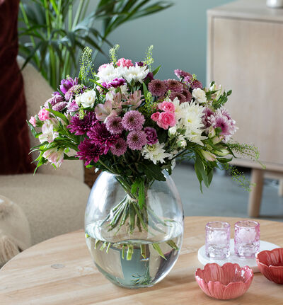 Fairtrade bukett i rosa og lilla M Fairtrade bukett i rosa og lilla M